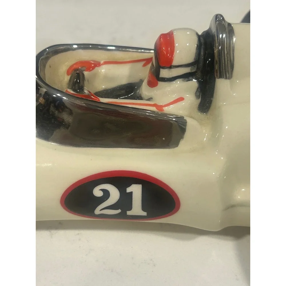 Vintage Heritage China Race Car Decanter Indy Style Number 21 Ceramic Cream Blue